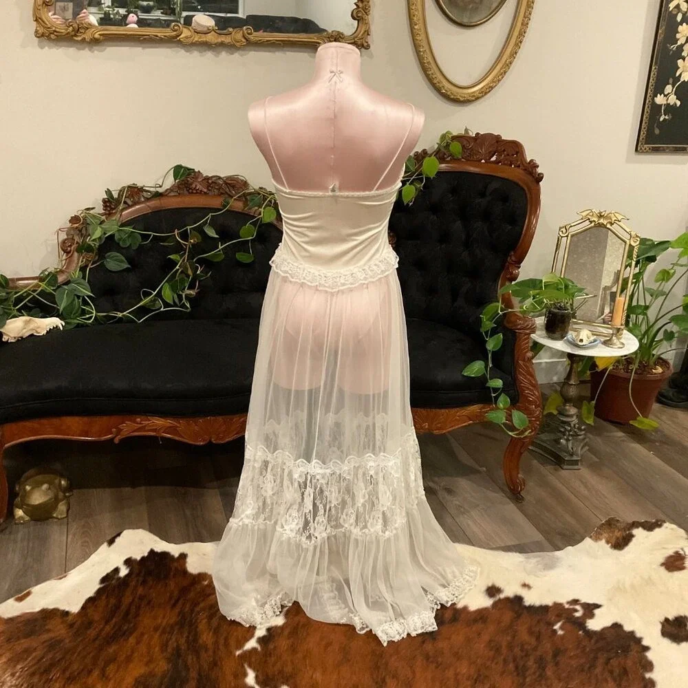 Vintage Sheer Lace Floral Lingerie dress Gown bridal ruffle coquette M White - Picture 5 of 7